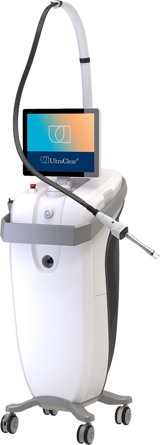 Medical laser device on wheels with screen.